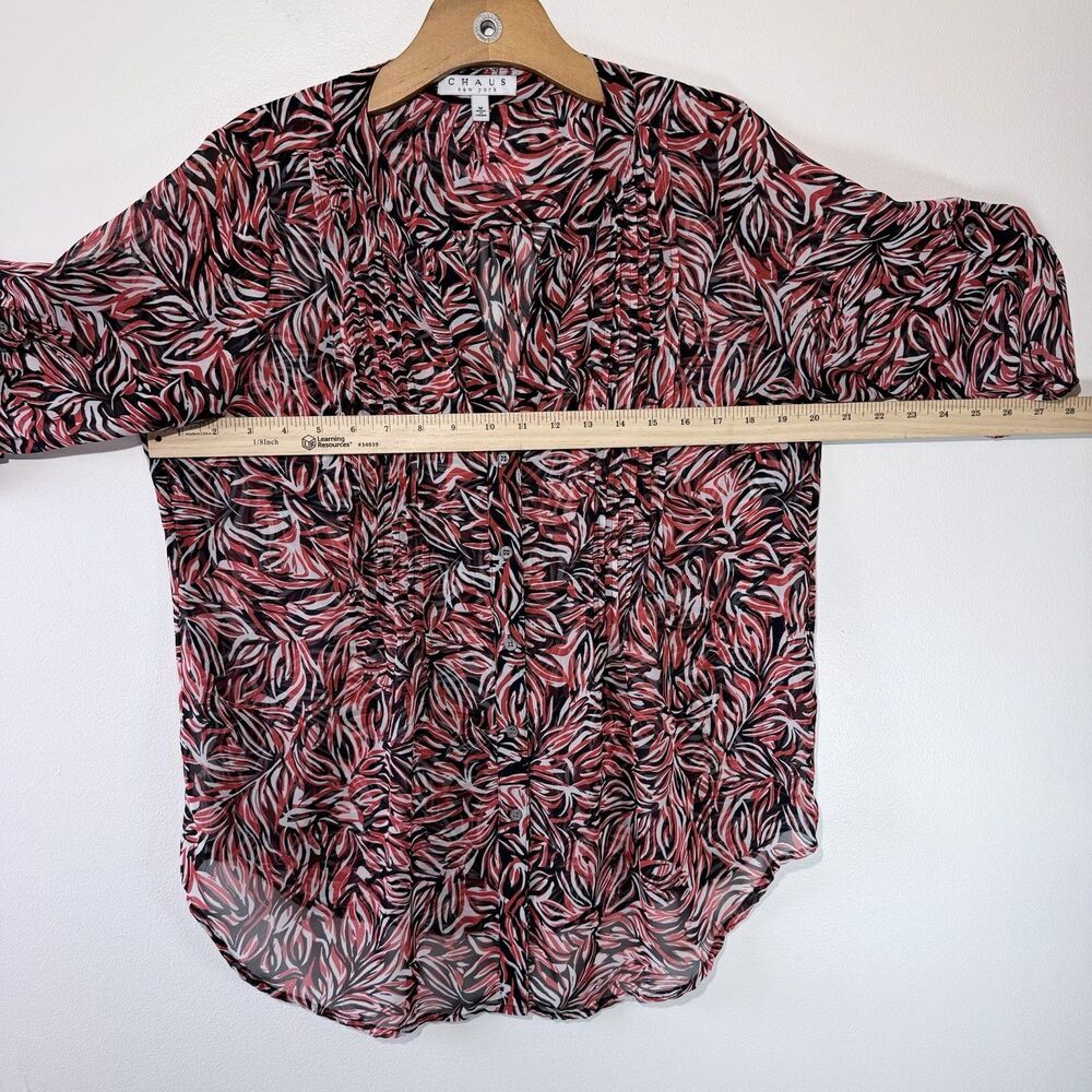 CHAUS NY Women’s Blouse Red-black-white Leaf Print Roll Tab 3/4 Sleeve Sz M - Picture 3 of 6